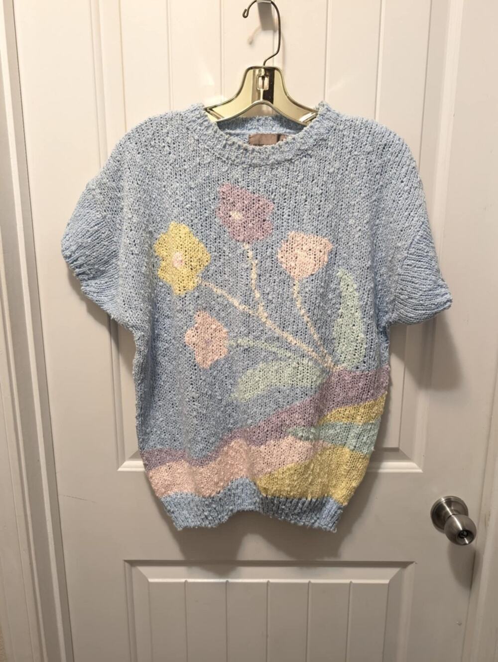 Vintage Sheridan Square Blue Floral Knit Sweater Spring Casual Easter Soft Sz. L
